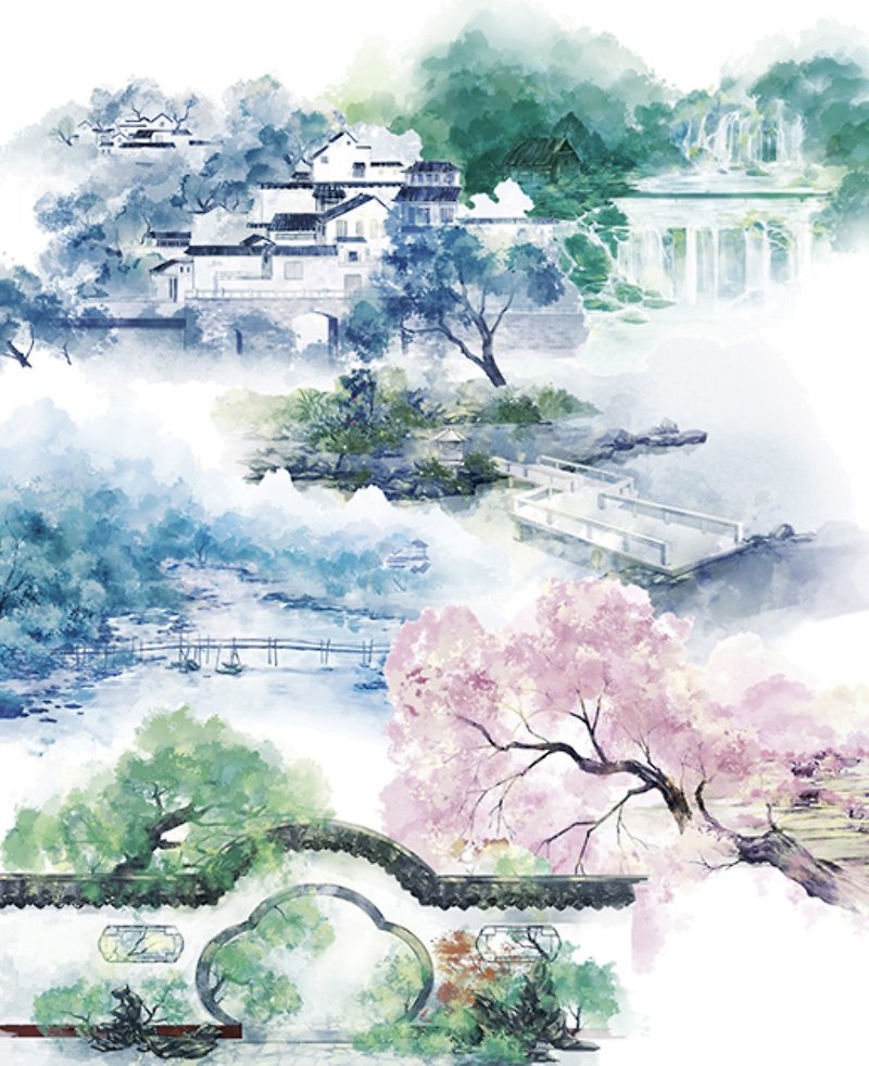 Four Seasons Songs Chinese Style Jiangnan Landscape Painting PET Paper Tape Ultra-Wide Landscape - มาสกิ้งเทป - กระดาษ สีเขียว