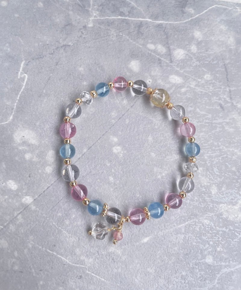 Clear//Blonde crystal/Pink Stone/White crystal/Aquamarine/Strawberry crystal/14K gold-filled elastic bracelet - สร้อยข้อมือ - โลหะ ขาว