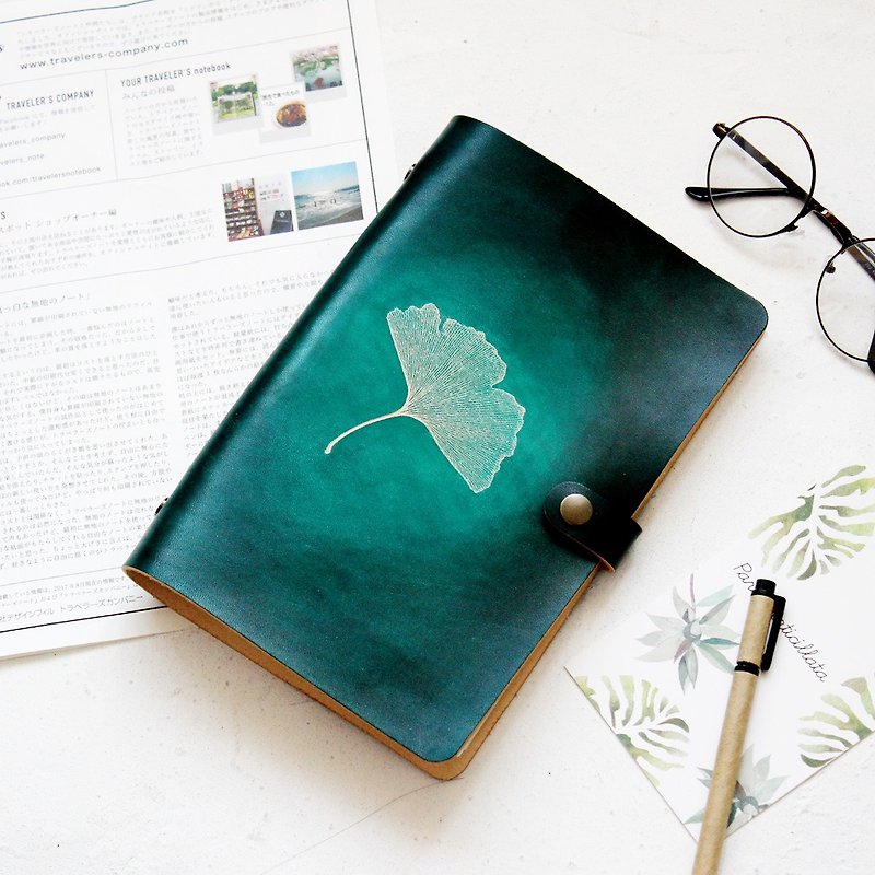 Dark Green Ginkgo Leaf A5 A6 A7 Loose-leaf Notebook Hand Ledger Handmade Leather Notepad - Notebooks & Journals - Genuine Leather Green