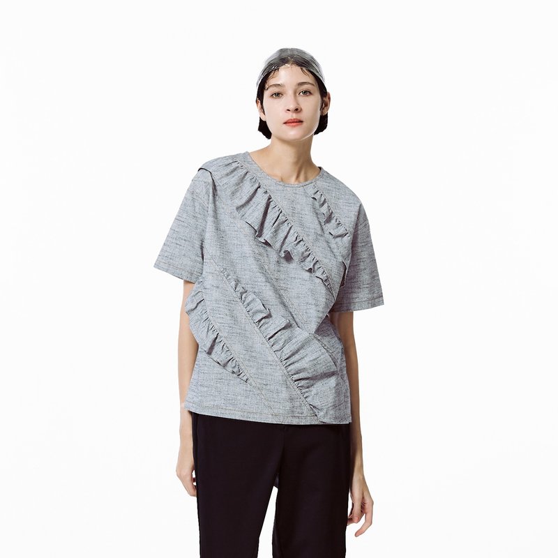 滾滾斜向荷葉短袖上衣 - 女上衣/長袖上衣 - 棉．麻 藍色