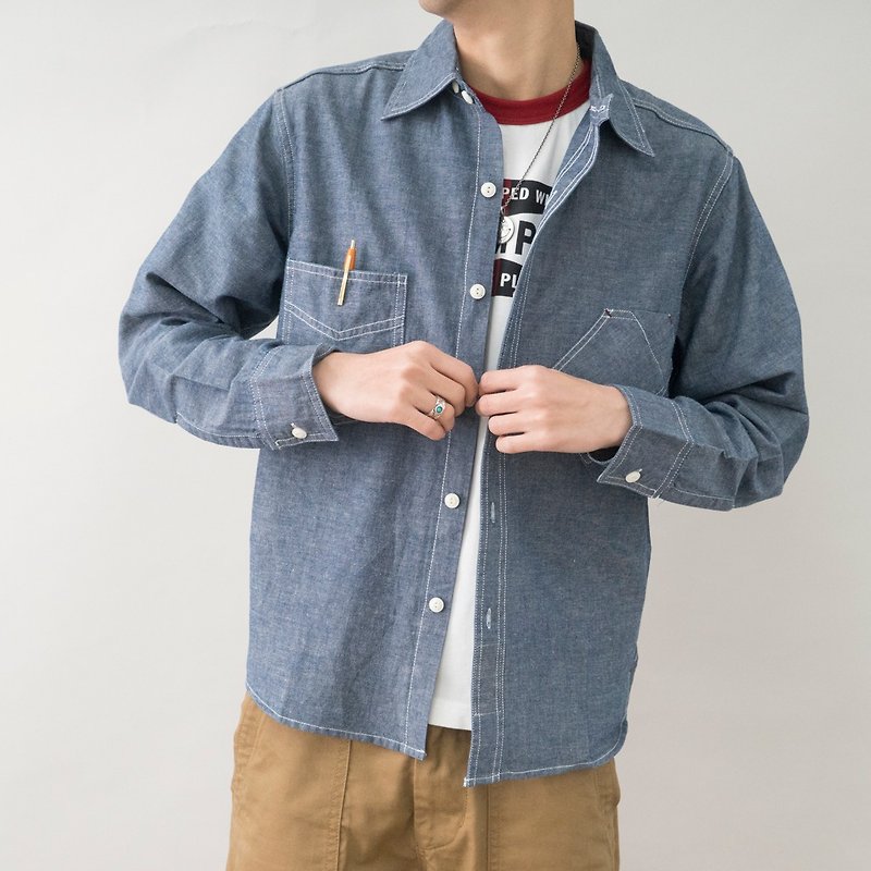 アメリカのレトロツールポケットシャツカジュアルシャツと春の日本語 - シャツ メンズ - コットン・麻 ブルー