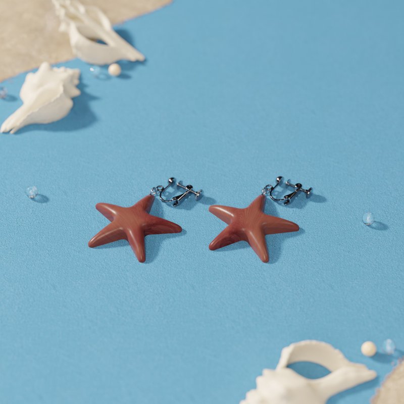 海星 - 實木製耳環 / 海洋系列飾品 (耳勾、耳夾款) - 耳環/耳夾/耳骨夾 - 木頭 多色