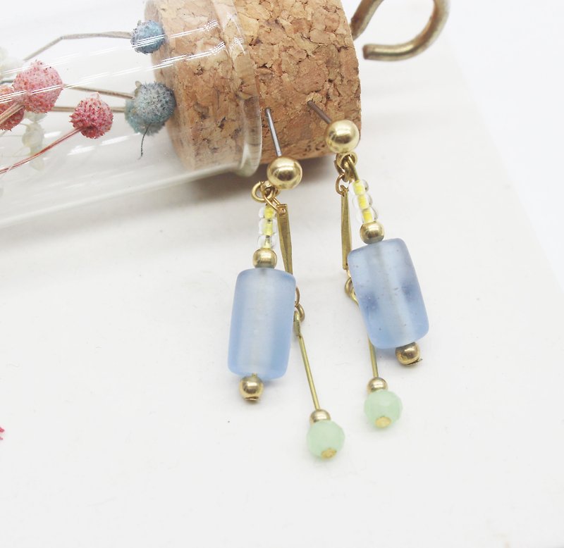 Laurin Grocery Travelin - glass brass earrings - the summer candy jar ear hook l ear needle l ear clip - ต่างหู - โลหะ สีน้ำเงิน