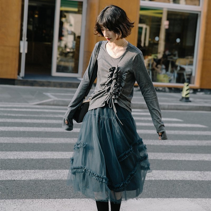 Elastic high-waisted wooden ear mesh half skirt - 靛青|skirt|summer autumn|polyester fiber+cotton|Sora-343 - Skirts - Polyester 