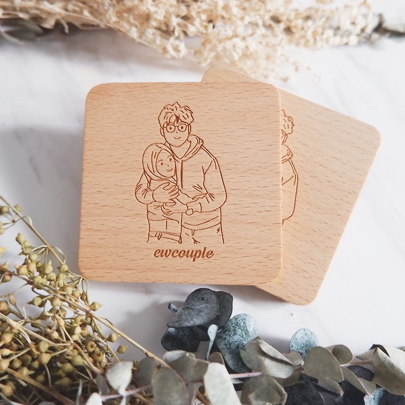 [Add-on product] Customized gift line drawing solid wood coaster - ที่รองแก้ว - ไม้ สีนำ้ตาล