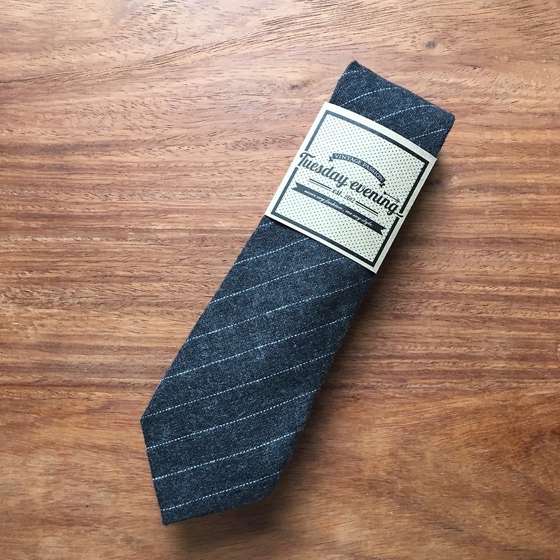 Necktie Dark Grey Stripe - 領呔/呔夾 - 棉．麻 灰色