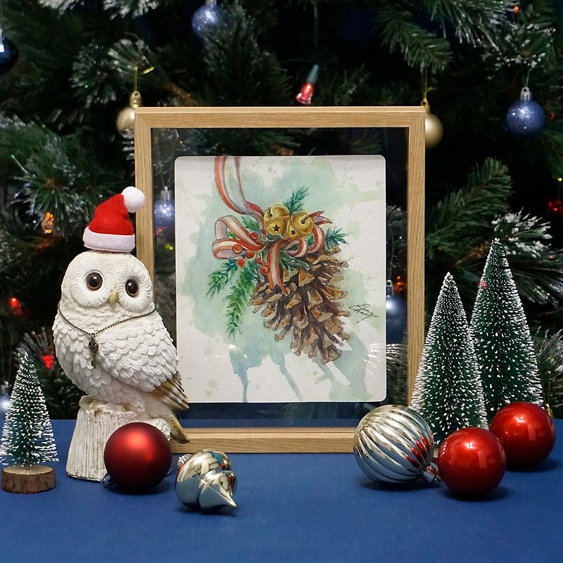 CHRISTMAS PINECONE【Original Art】Watercolor Gold Painting - โปสเตอร์ - กระดาษ สีเขียว