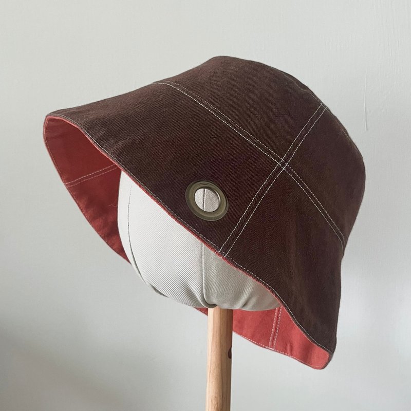 Fisherman hat / Bucket hat-Moss green + Dark brown - หมวก - ผ้าฝ้าย/ผ้าลินิน สีนำ้ตาล