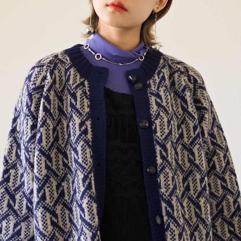 【NaSuBi Vintage】Woven Jacquard Cardigan Vintage Sweater - สเวตเตอร์ผู้หญิง - ขนแกะ สีน้ำเงิน