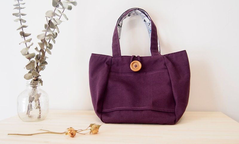 Elegant Grape Purple X Cat Gray Canvas Double sided mini tote bag - กระเป๋าถือ - ผ้าฝ้าย/ผ้าลินิน สีม่วง