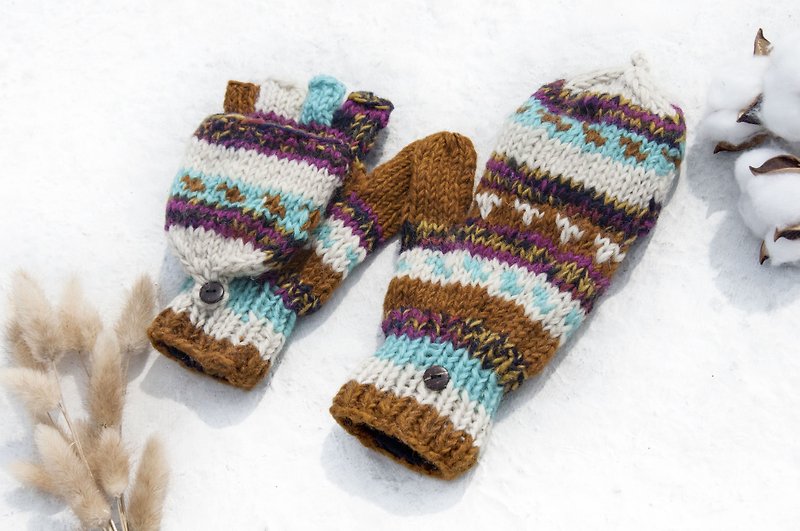 手織純羊毛針織手套/可拆卸手套/內刷毛手套/保暖手套-沙漠繽紛樂 - 手套/手襪 - 羊毛 多色