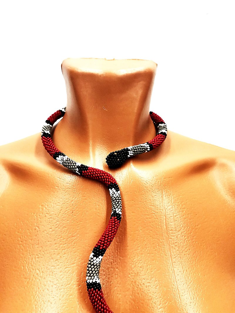 Coral Beaded Snake Necklace Ouroboros Choker - Necklaces - Glass Red
