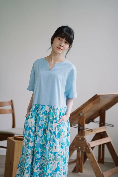 ハンドメイド　パッチワーク ロングワンピース/ブルー 1.jpg