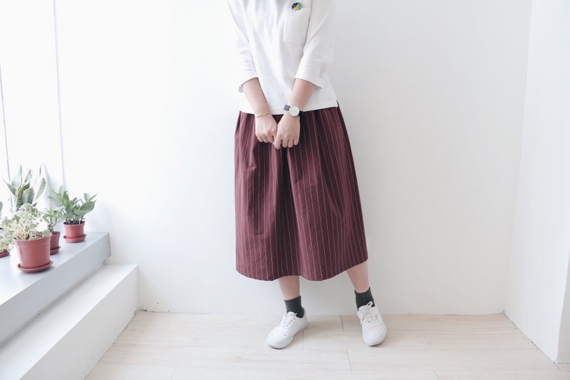 Homemade / wine red striped skirt - Skirts - Cotton & Hemp Red