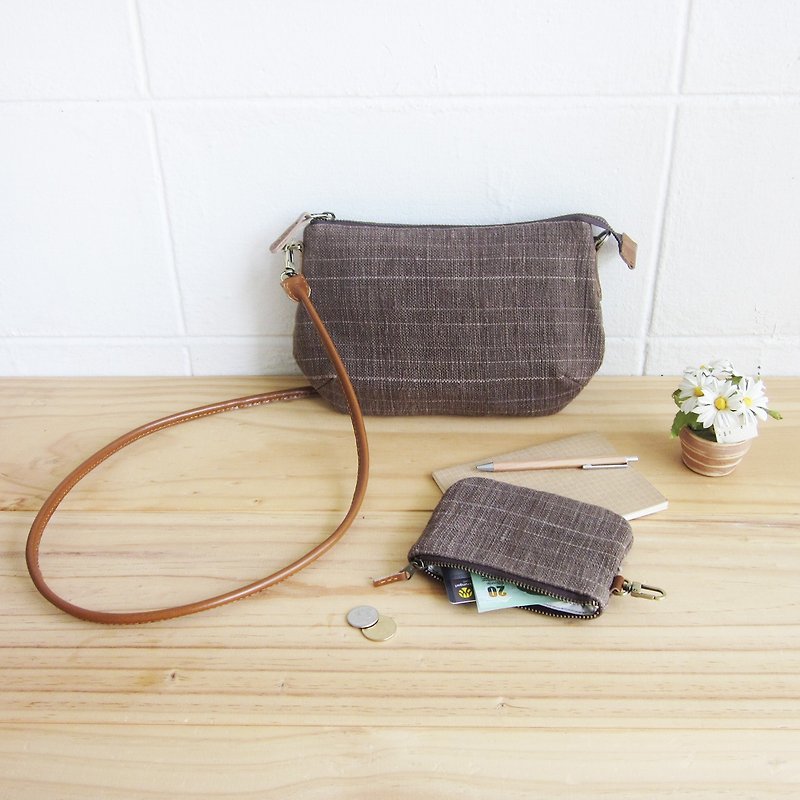Goody Bag / A set of Cross-body Mini Curve Bag with Coin Bag in Brown Color Cotton - Messenger Bags & Sling Bags - Cotton & Hemp Brown