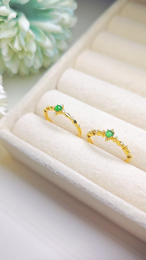 Luien路安翡翠 |貴氣蕾絲|A貨翡翠冰綠蛋3.3mm18k金真鑽日系蕾絲款戒指