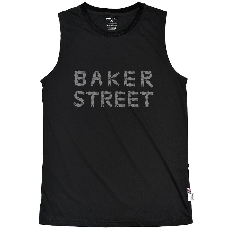 British Fashion Brand -Baker Street- Alpaca Fonts Printed Tank Top - เสื้อกั๊กผู้ชาย - ผ้าฝ้าย/ผ้าลินิน สีดำ