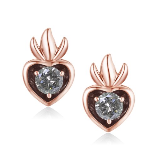Majade Jewelry Design 灰鑽石心形耳環-簡約立體14k玫瑰金耳釘-疊戴穿孔耳環-4月生日石