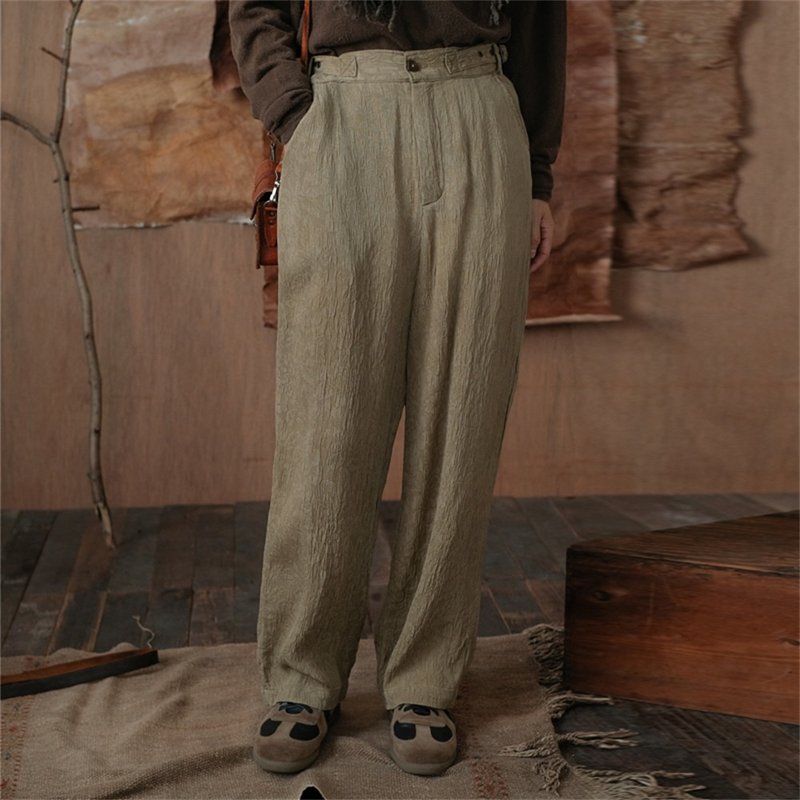 Qiuxiang Green Drape Jacquard Retro Casual Mid-Rise Long Pants Plant Dye Pants - กางเกงขายาว - เส้นใยสังเคราะห์ สีเขียว