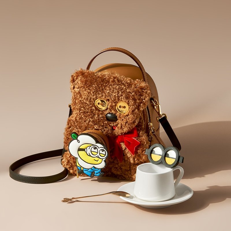 【Free Gift Event】Minions Tim Fur with Leather Backpack - Backpacks - Genuine Leather Brown