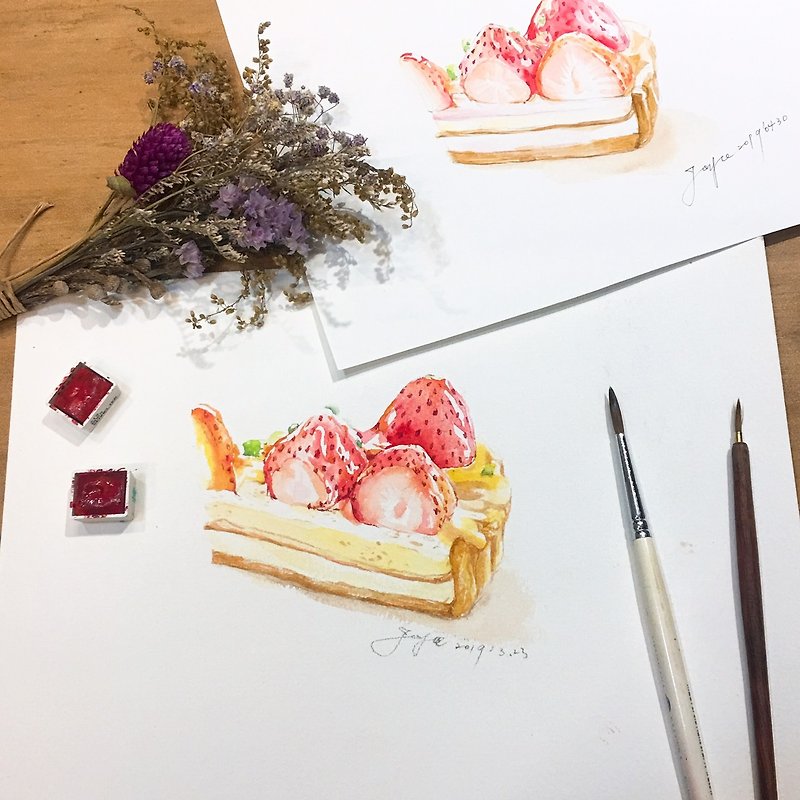 体験 - 水彩/甘いイチゴのパイの下のデザート - イラスト/絵画/カリグラフィー - 紙 