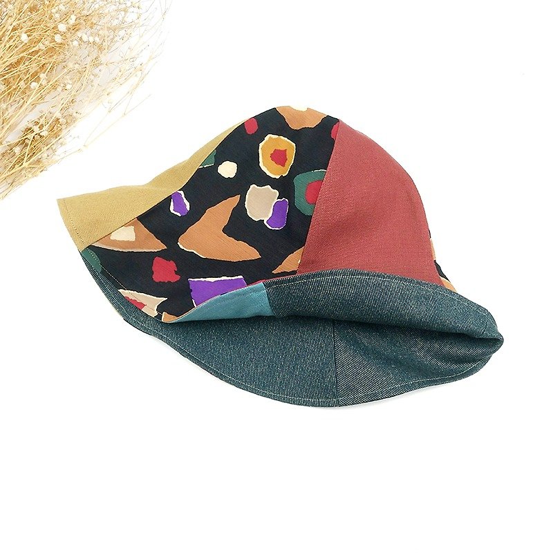 Calf Village Calf Village handmade double-sided hat custom sun hat retro hat color vintage color leopard {US Department of fashion} Rare ancient cloth - หมวก - ผ้าฝ้าย/ผ้าลินิน สีดำ