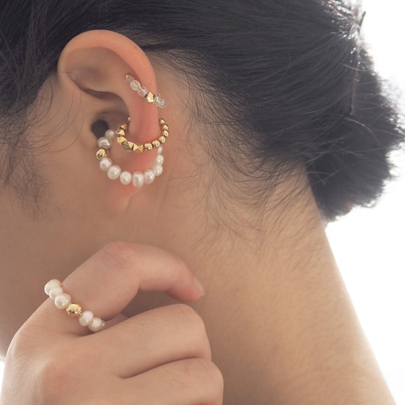 \ Value / Ring Cuff Ear Cuff 3set | Freshwater Pearl, Czech Beads, Gold | June Birthstone | EC-Set8 - General Rings - Pearl White