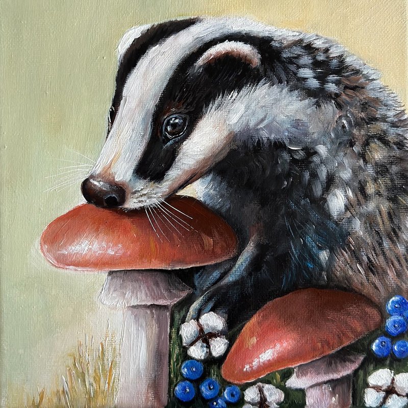 Original canvas painting Badger with mushroom, Badger wall art, Woodland animals - 牆貼/牆身裝飾 - 棉．麻 多色