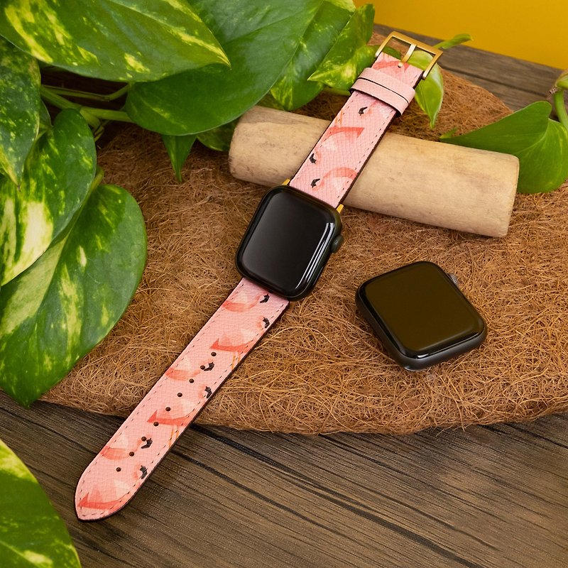 フラミンゴ|アップルスマートウォッチストラップ - 腕時計ベルト - 革 シルバー