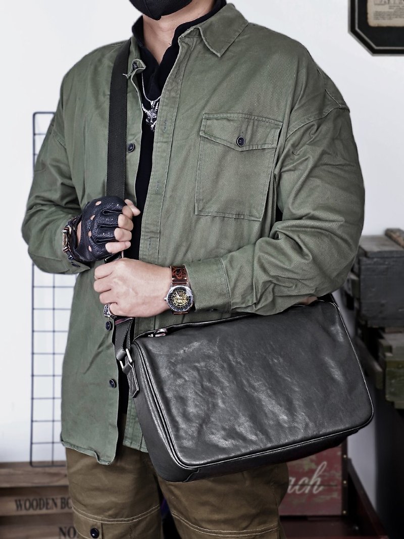 Causal Men's Shoulder Bag Genuine Leather Crossbody Messenger Bag Male Handbag - กระเป๋าแมสเซนเจอร์ - หนังแท้ สีดำ