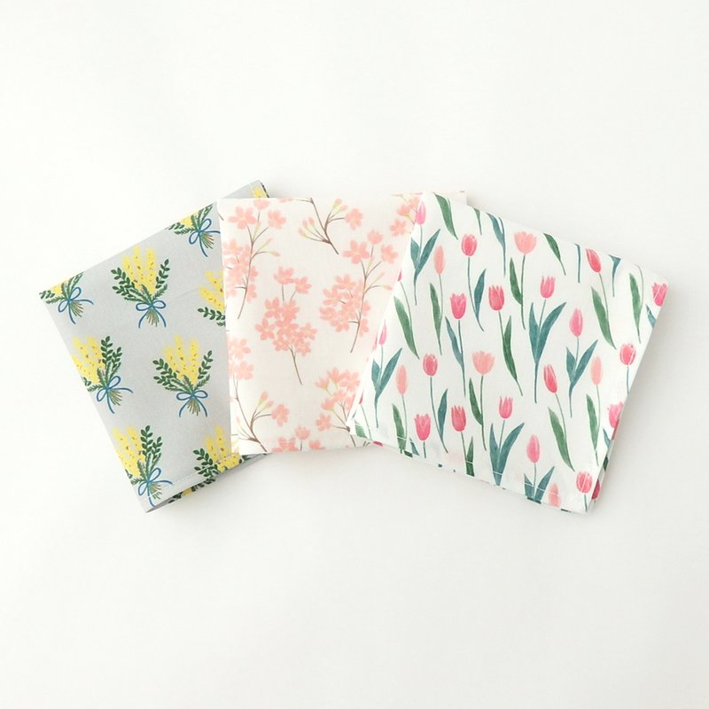 A gift set of three popular floral cotton handkerchiefs (mimosa, tulip, cherry b - ผ้าเช็ดหน้า - ผ้าฝ้าย/ผ้าลินิน สึชมพู