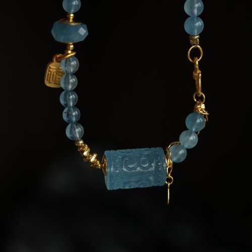 Angel's tears 天使之淚 Jewelry Design 5mm天然原礦海藍寶水晶海藍寶回紋珠設計單圈手持手串fs