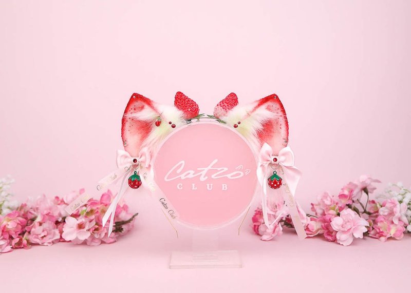 Strawberry Kitten Ears Faux Fur Ears - 髮夾/髮圈 - 其他人造纖維 紅色