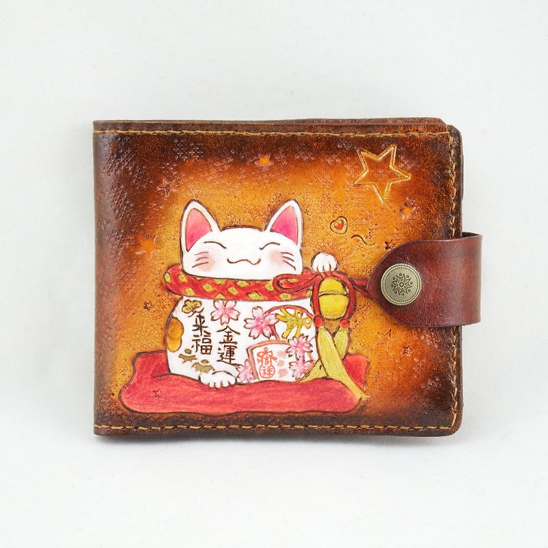Lucky Cat Handmade Leather Short Clip - กระเป๋าสตางค์ - หนังแท้ สีนำ้ตาล
