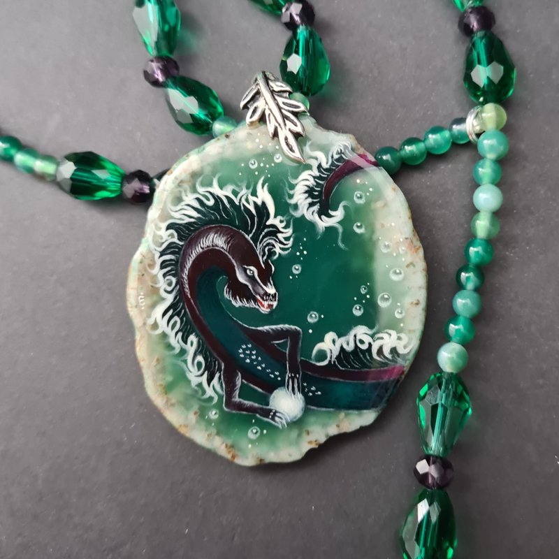 Dragon necklace Painting Dragon on Agate Stone charm Christmas Gift Wrapping - Necklaces - Stone Green