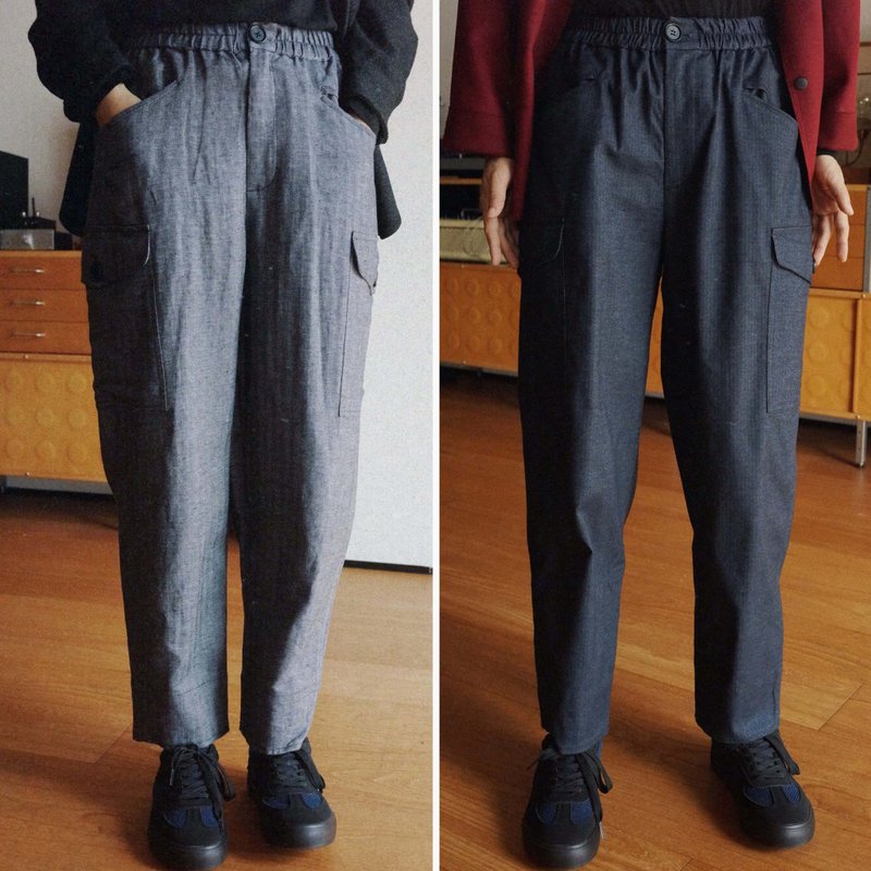 黑白和藏青 中性休閒工裝褲 秋冬微錐褲 人字魚骨紋棉麻 - 女長褲 - 棉．麻 灰色