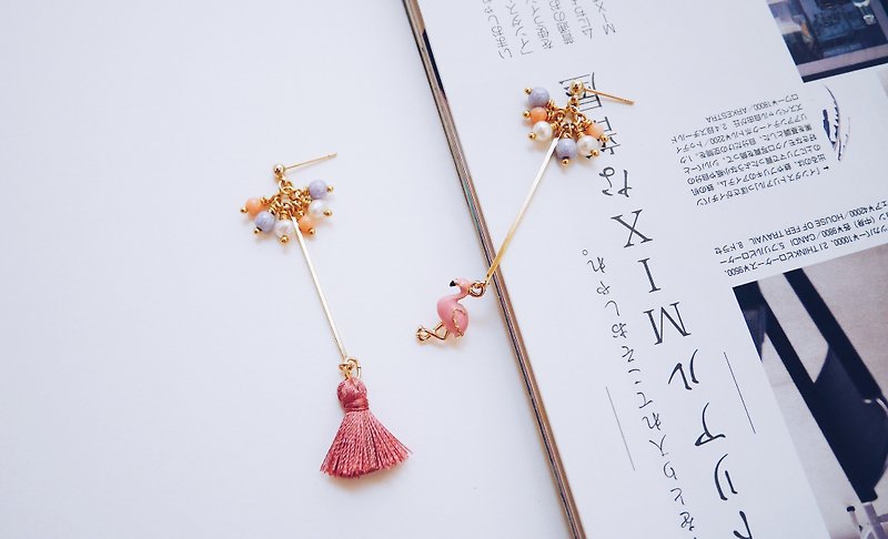 Spring Shoot - Spring Natural Stone Red Crane Tassel Earrings - Earrings & Clip-ons - Other Metals Pink
