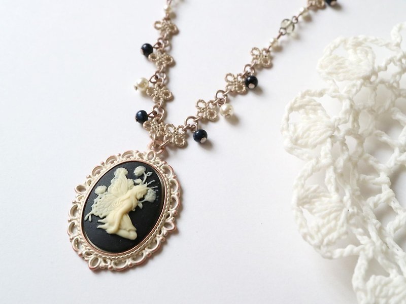 Cameo Necklace Fairy sitting in front of a flower Black Delicate Fairy Fairy Painting Fantasy Fantasy Romantic Fairytale Children People Girls Girls Flower Butterfly Lifting Butterfly