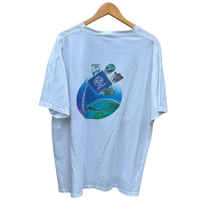 Vintage 90s Intel  Pentium Processor  Promo Tech T Shirt - เสื้อยืดผู้ชาย - ผ้าฝ้าย/ผ้าลินิน ขาว