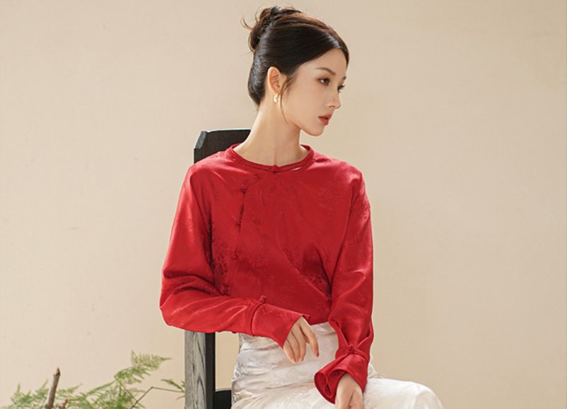 新中式復古中國風 中國紅日常通勤 上衣/半裙 - 女上衣/長袖上衣 - 聚酯纖維 紅色