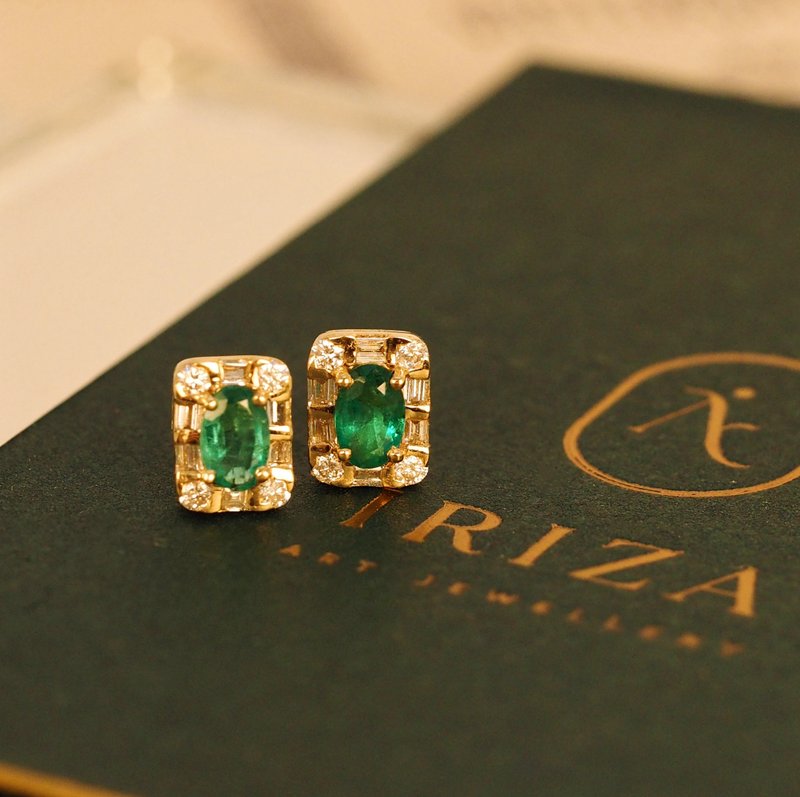 18K Gold Emerald Diamond Shield Earrings - ต่างหู - เครื่องประดับ 