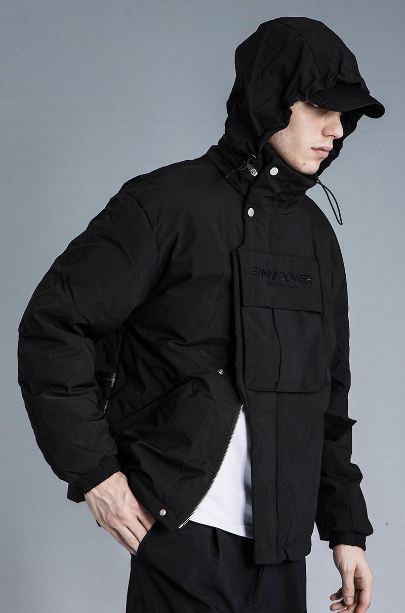 Hooded Down Jacket Thickened Tactical Web Cargo Jacket - เสื้อโค้ทผู้ชาย - เส้นใยสังเคราะห์ สีดำ