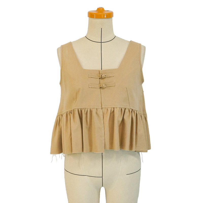 Aman No.48 disc button square collar wavy hem vest - เสื้อกั๊กผู้หญิง - ผ้าฝ้าย/ผ้าลินิน 