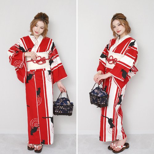 日本和服猫圖案女性浴衣腰封2件組F Size x13-07 yukata - 設計館