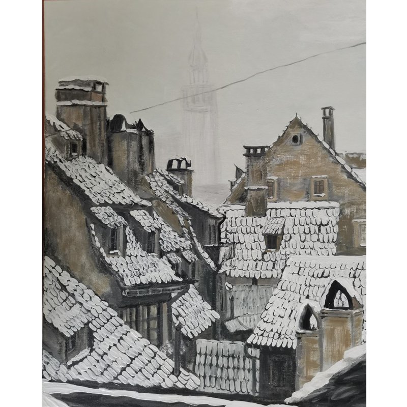 屋頂上的雪景老城區冬季城市景觀原創畫布繪畫 作者 RinaArtSK - 壁貼/牆壁裝飾 - 其他材質 多色