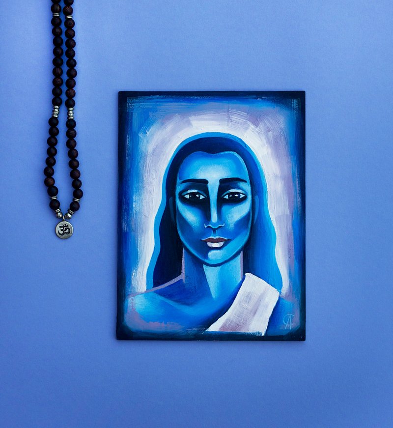 Mahavatar Babaji Painting Kriya Yoga Original Art Meditation Artwork Spiritual - Posters - Other Materials Blue