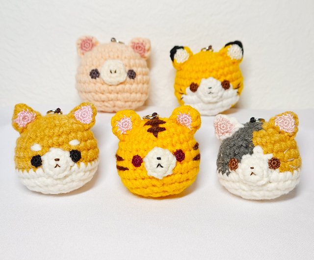 毛糸編み/猫、豚、薪、キツネ、トラ/動物の頭のキーホルダー