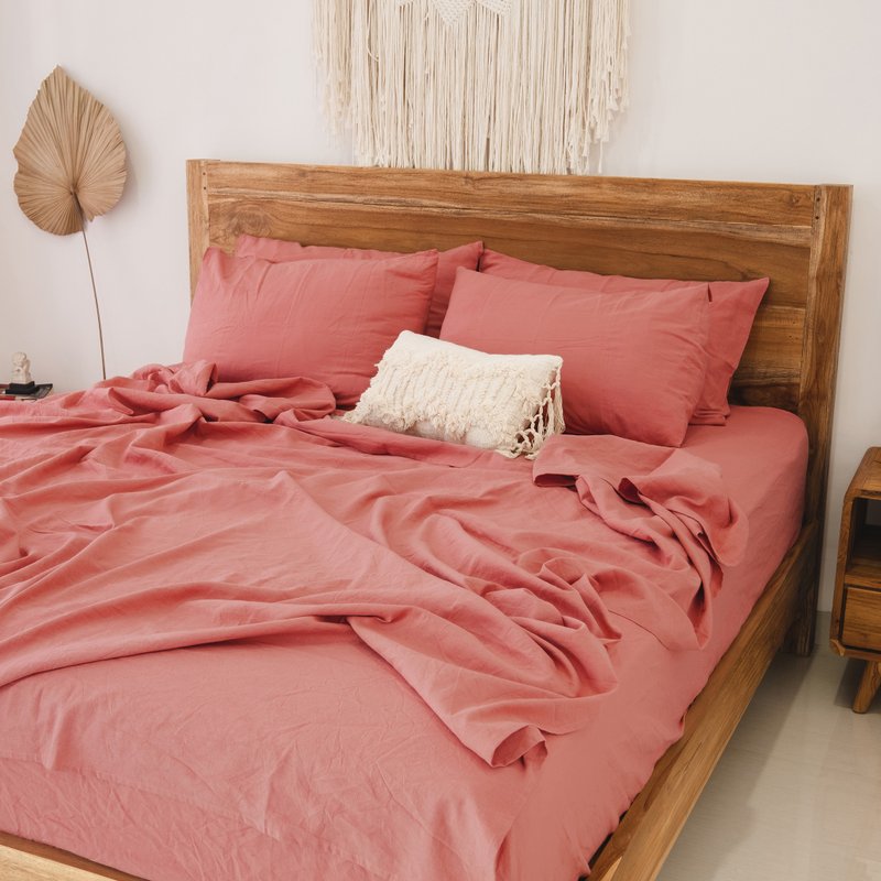 Rust pink linen flat sheet / Linen bedsheet / Softened stonewashed linen sheet - 寢具/床包 - 亞麻 粉紅色