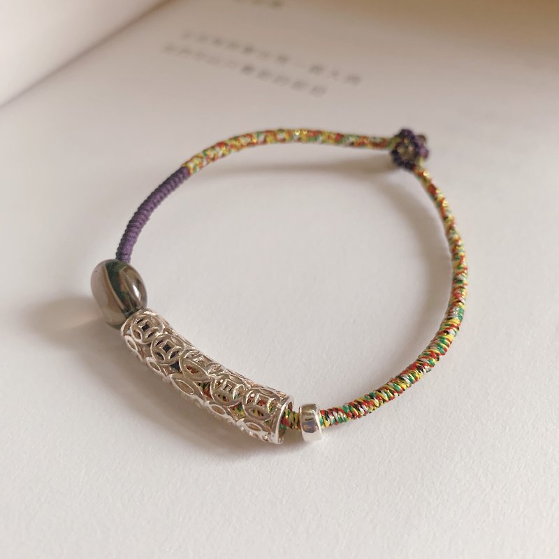 Loulan Ji. Natural tea crystal + hollow Silver transfer retro braided bracelet ethnic style exotic style bracelet - สร้อยข้อมือ - เงินแท้ หลากหลายสี