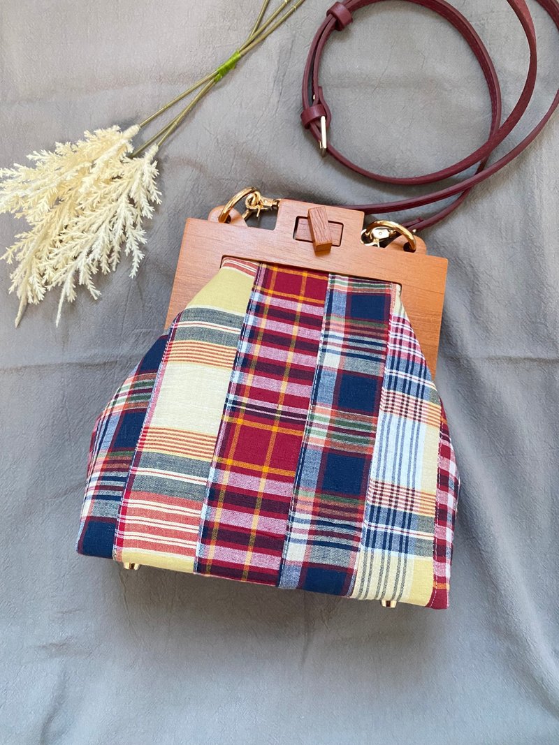 格子パッチワーク木製フレームロックバッグ / 斜めがけバッグ / ショルダーバッグ - ショルダーバッグ - コットン・麻 多色